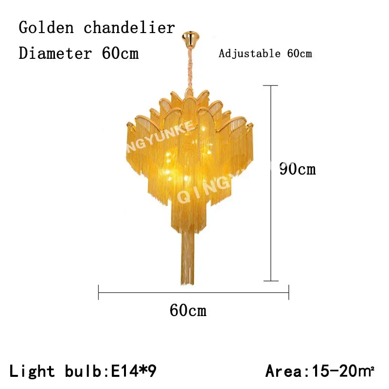 DecorBites™ Fringed Chandelier: Silver & Gold Aluminium Chain Pendant Light for Luxe Home & Hotel Decor