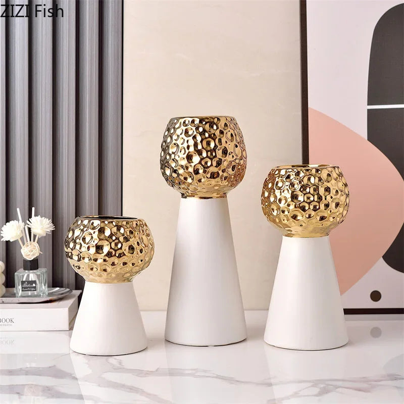 Jarrón de cerámica con patrón de martillo dorado Decorbites™: Maceta creativa para decoración de mesa y arreglo floral