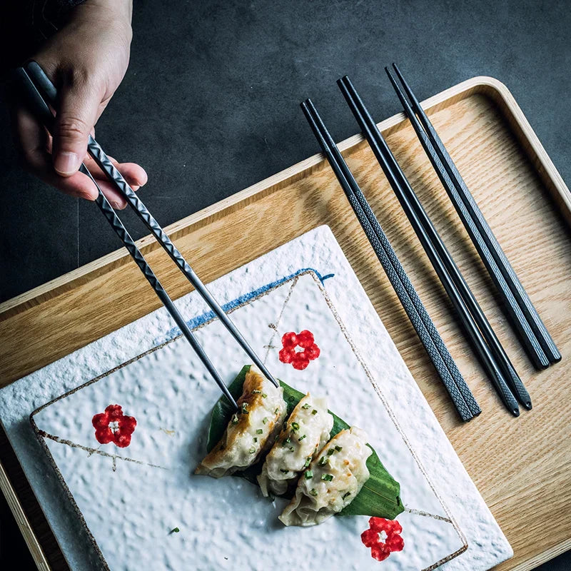DecorBites™ Japanese Style Black Alloy Chopsticks - 10 Pairs | Anti-Slip, Moisture-Proof, High Temperature Tableware