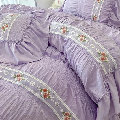 Decobites Romantic Lace Bubble Gauze Queen Bedding Set - Elegant Princess Style emb. Duvet Cover Set