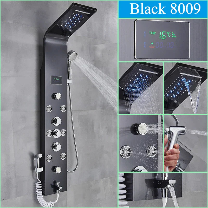 Sistema de Ducha con Luz LED Azul Decorbites™ con Pantalla de Temperatura, Columna de Masaje, Lluvia en Cascada
