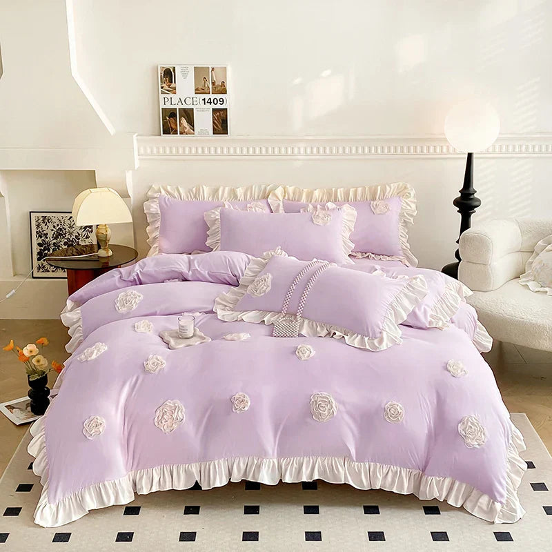 Decobites Pink Stereoscopic Bedding Set: Handwork Flowers Embroidery, Ruffle, Korean Style