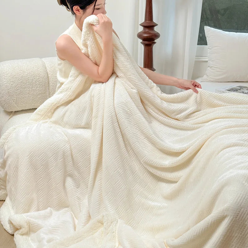 Manta DecorBites™ de doble capa de jacquard de forro polar coral: cálida y multifuncional para el hogar y los viajes.