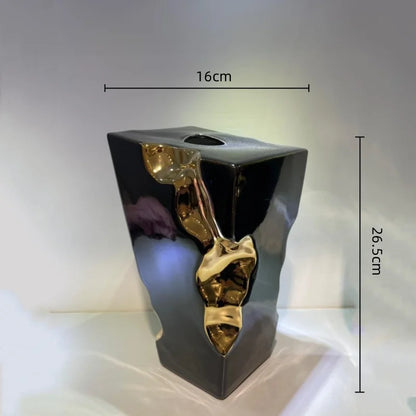 Jarrón de cerámica DecorBites™ Golden Notch con diseño geométrico cuadrado, accesorio de decoración para el hogar