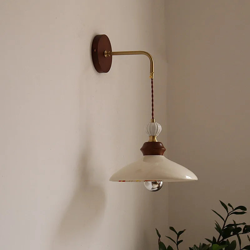 DecorBites™ Ceramic LED Wall Light Copper Pull Chain Wood Base Modern Bedside Lamp