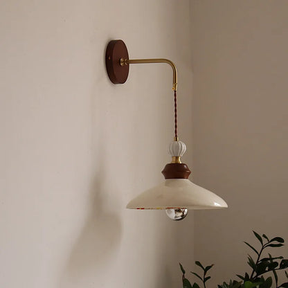DecorBites™ Ceramic LED Wall Light Copper Pull Chain Wood Base Modern Bedside Lamp