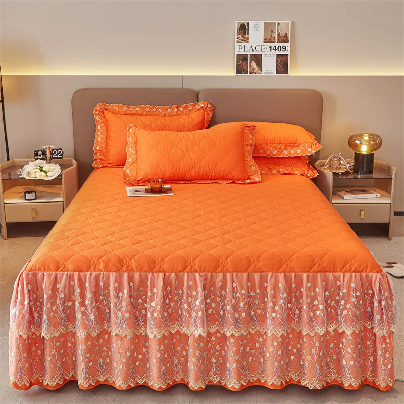 Decobites Cotton Lace Ruffles Quilted Bed Skirt Set with Pillowcases