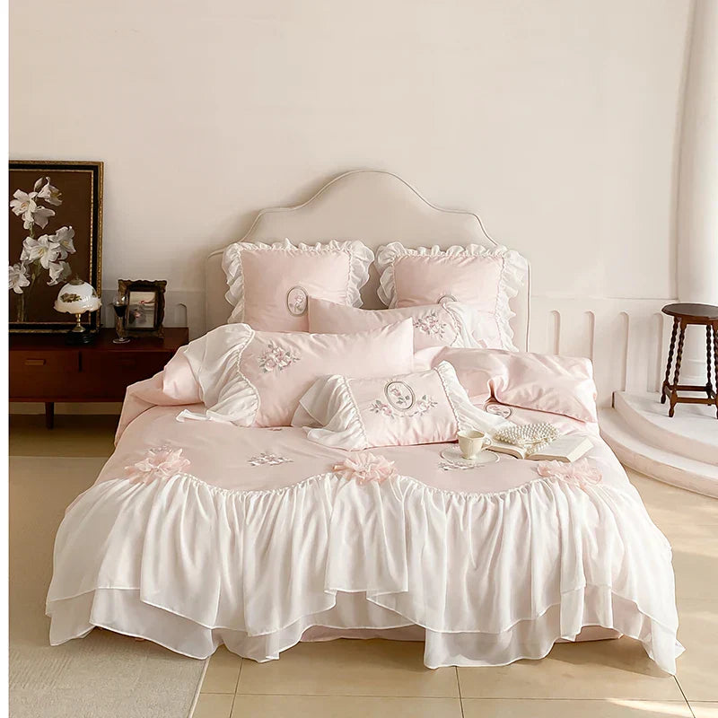 DecorBites™ Lace Ruffles Flowers Embroidery 4Pc Egyptian Cotton Bedding Set