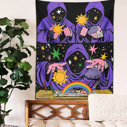 Decobites Mystical Sun Moon Star Sky Rainbow Tapestry Wall Hanging for Bohemian Home Decor