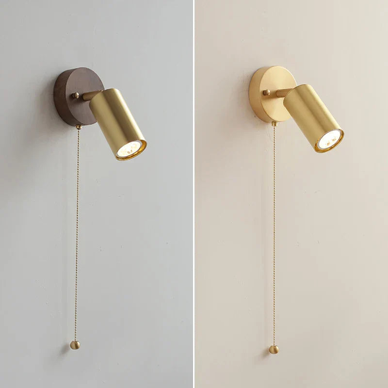 Aplique de pared LED DecorBites™ con pantalla de cobre, interruptor de cadena y luz de espejo de madera de nogal de estilo nórdico moderno