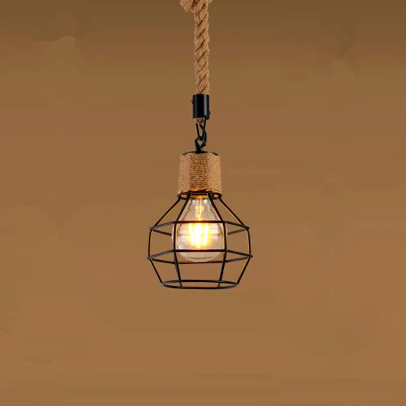Vintage Hemp Rope Iron Pendant Light in Black
