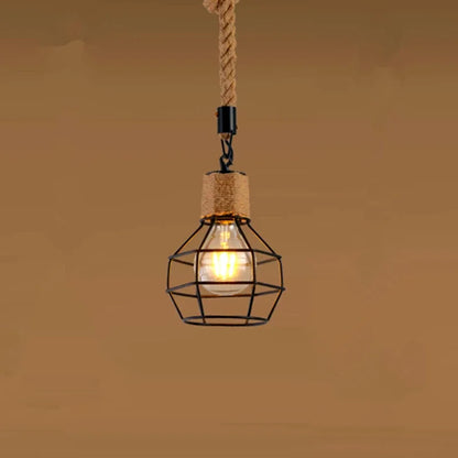 Vintage Hemp Rope Iron Pendant Light in Black