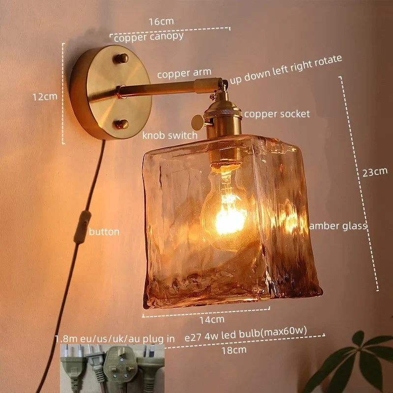 DecorBites™ Japanese Style LED Wall Lamps Living Room Coffee Balcony Stair Light Copper Glass