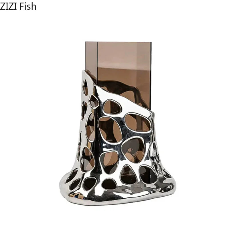 DecorBites™ Gold Plated Hollowed Vase for Desk Decoration and Floral Arrangement