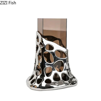 DecorBites™ Gold Plated Hollowed Vase for Desk Decoration and Floral Arrangement