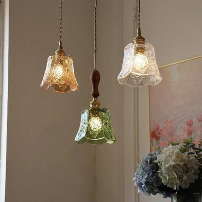 DecorBites™ Green Glass LED Pendant Lamp | Modern Nordic Wood Walnut | Brass Knob Switch | Hanging Light