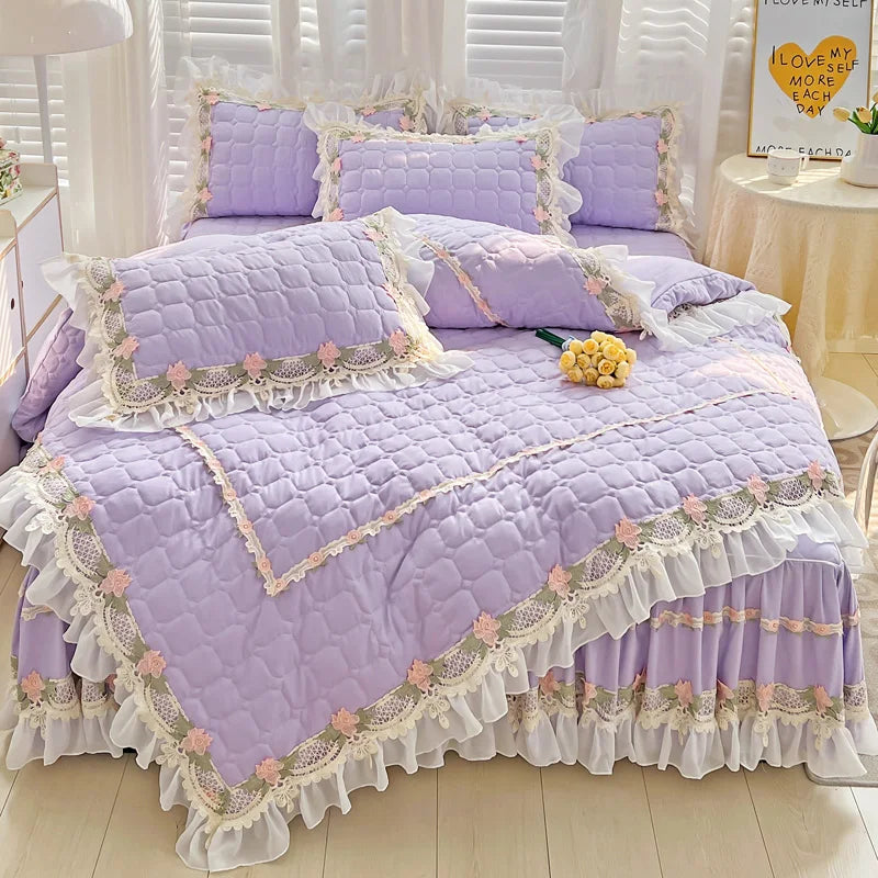 Decobites Korean Princess Bedding Set: Flowers, Lace, Ruffles, Embroidery, Quilted, Duvet Cover, Bedspread