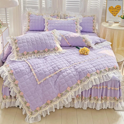 Decobites Korean Princess Bedding Set: Flowers, Lace, Ruffles, Embroidery, Quilted, Duvet Cover, Bedspread