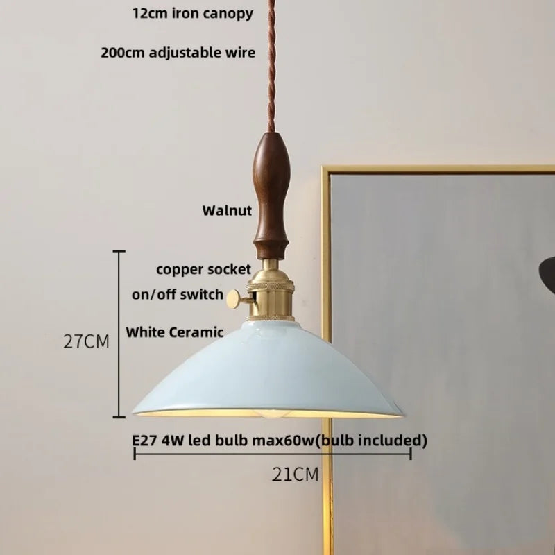 DecorBites™ Ceramic Knob Switch LED Pendant Lamp, Nordic Walnut Wood Hanging Light Fixtures for Living Room