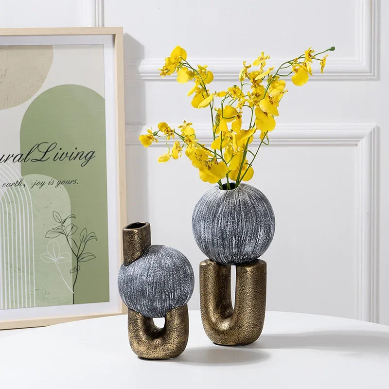 DecorBites™ Golden Stripe Geometric Ceramic Vase - Abstract Floral Arrangement Home Decor