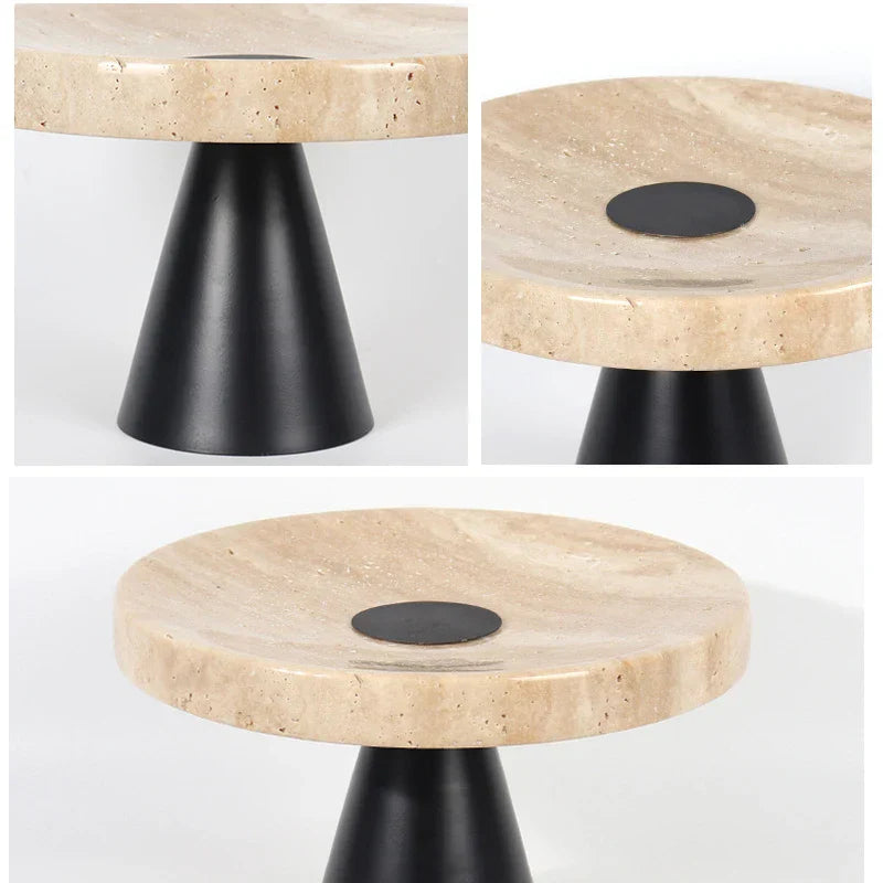 DecorBites™ Beige Travertine Marble Tray on Metal Base - Vintage Round Serving Stand