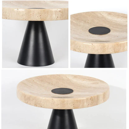 DecorBites™ Beige Travertine Marble Tray on Metal Base - Vintage Round Serving Stand