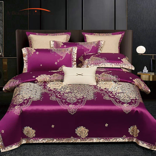 Decobites Luxe Purple European Jacquard Cotton Bedding Set: Duvet Cover, Sheet, Pillowcase