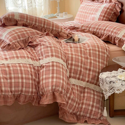 Decobites Plaid French Pastoral Cotton Bedding Set Full Queen King Size