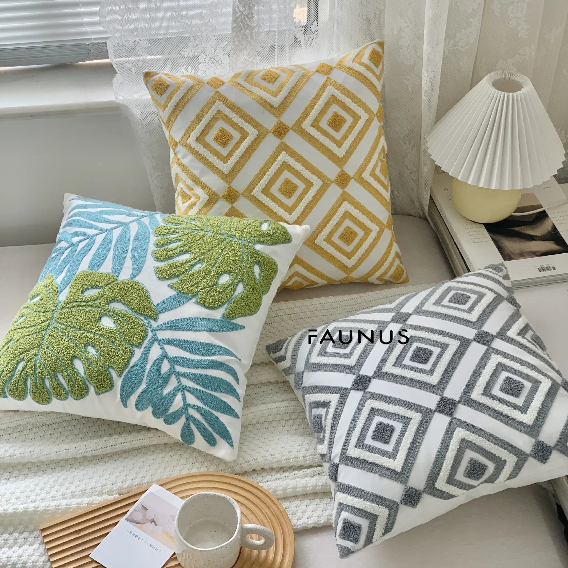 Leaf Embroidered Cotton Cushions