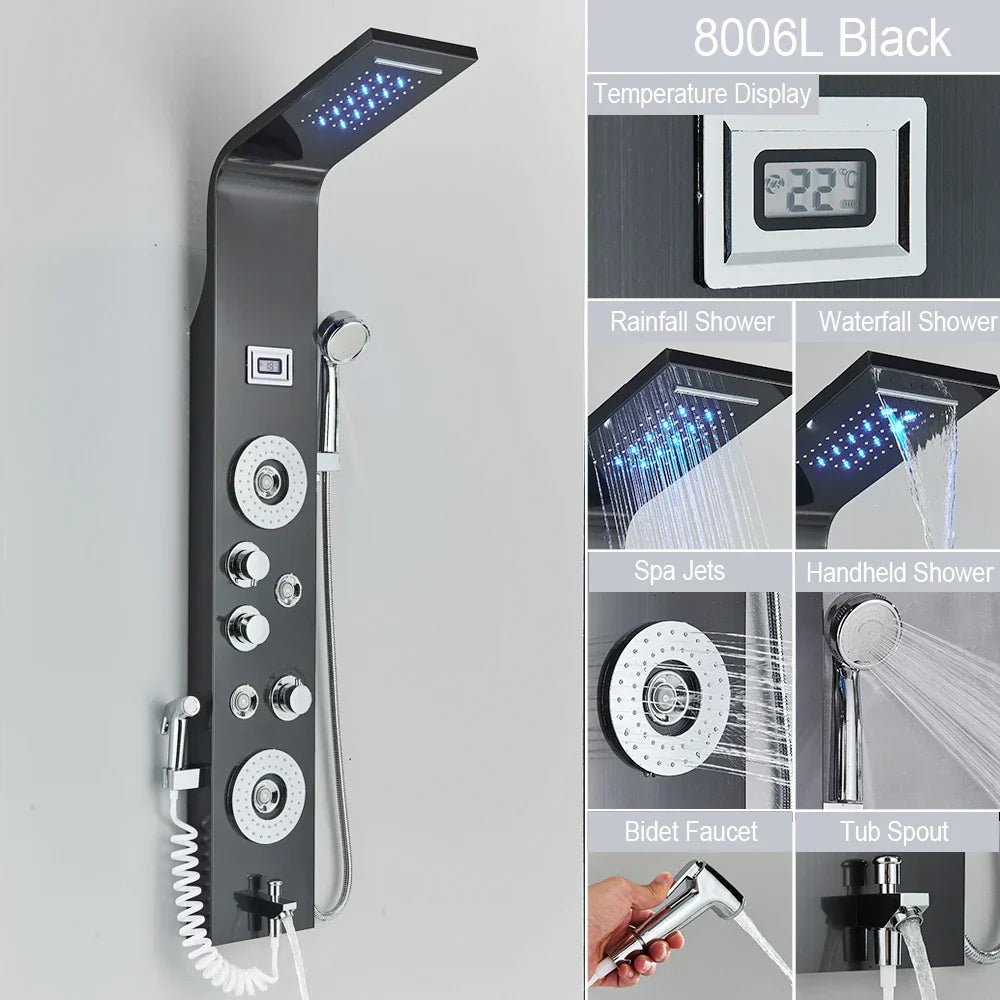 مجموعة دش مطري DecorBites™ أسود بإضاءة LED وشلال مع نفاثات تدليك