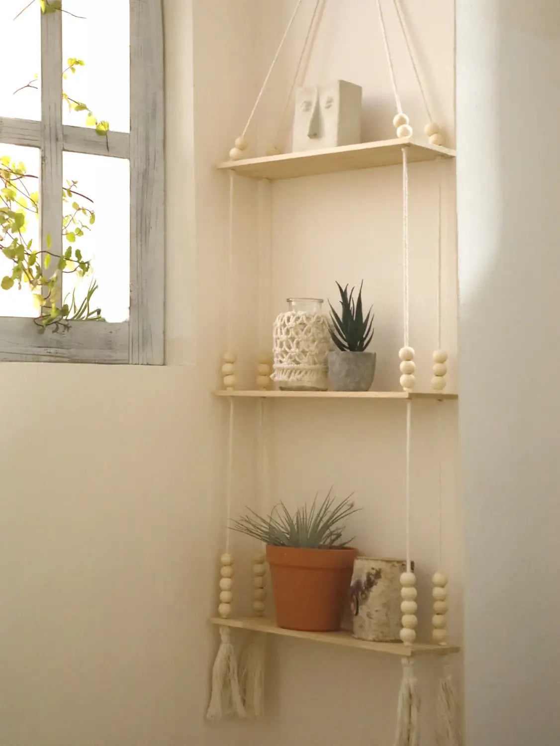 DecorBites™ Rustic Wooden Wall Shelf with Hanging Plant Storage