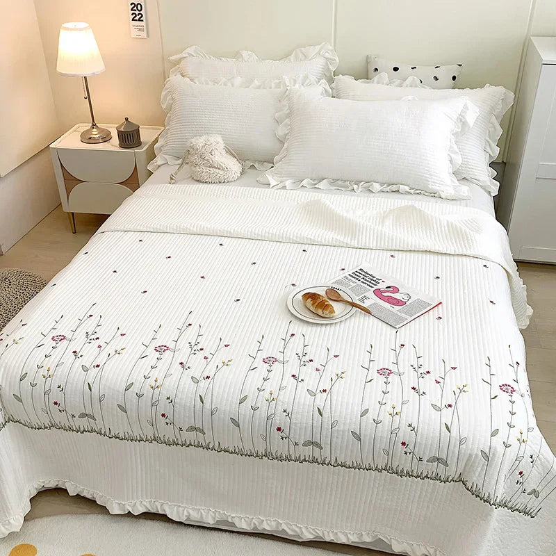 Decobites Ruffles Flowers Embroidery Quilt Set - Princess Bedding with Comforter