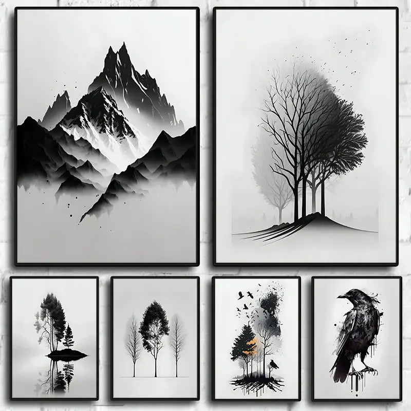 Decorbites™ Schwarz-Weiß-Berg-Baum-Landschaft-Wandkunst