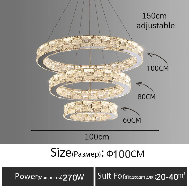 Gold Crystal Ring Chandelier 3-Tier D100cm