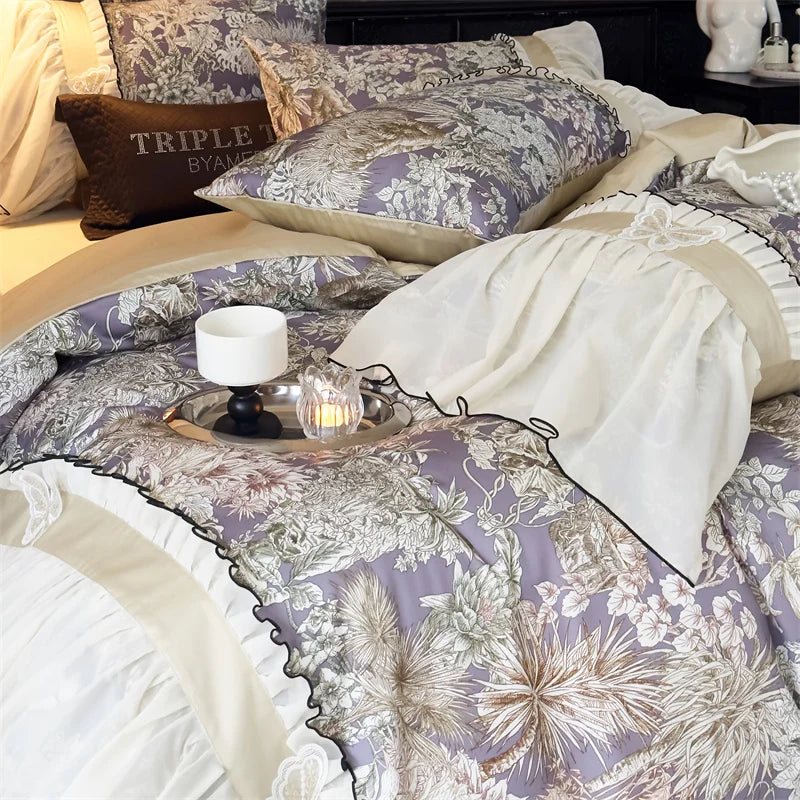 Decobites Exquisite Lace Ruffle Butterfly Egyptian Cotton Bedding Set