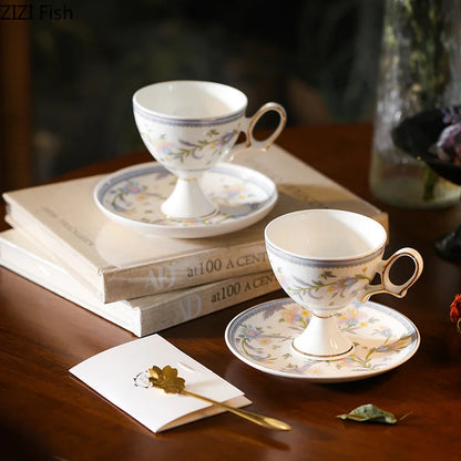 DecorBites™ Gold Flower Ceramic Cup & Saucer Set - Elegant Goblet Mugs for Coffee, Tea, Juice