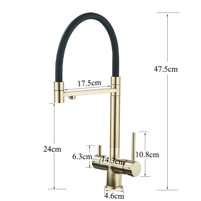 DecorBites™ Brushed Gold 360 Rotate Pull Out Kitchen Filter Faucet with Dual Handle