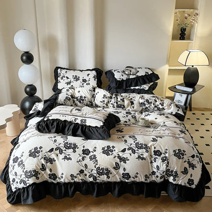 Decobites French Vintage Black Ruffles Duvet Cover Set with Pillowcases, Nordic Luxury Flowers Plant Bedding Set