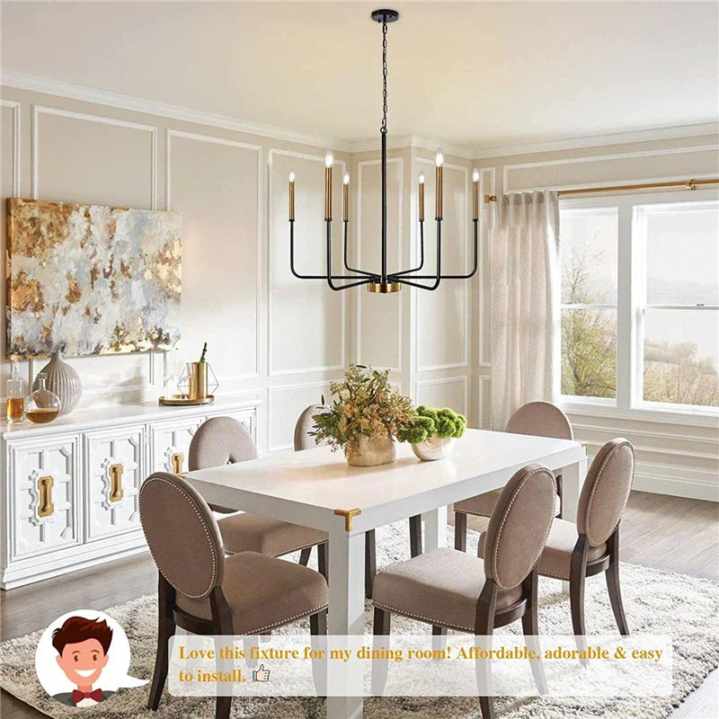 DecorBites™ LED Gold & Black Candle Chandelier: Modern American Living Room Hanging Light