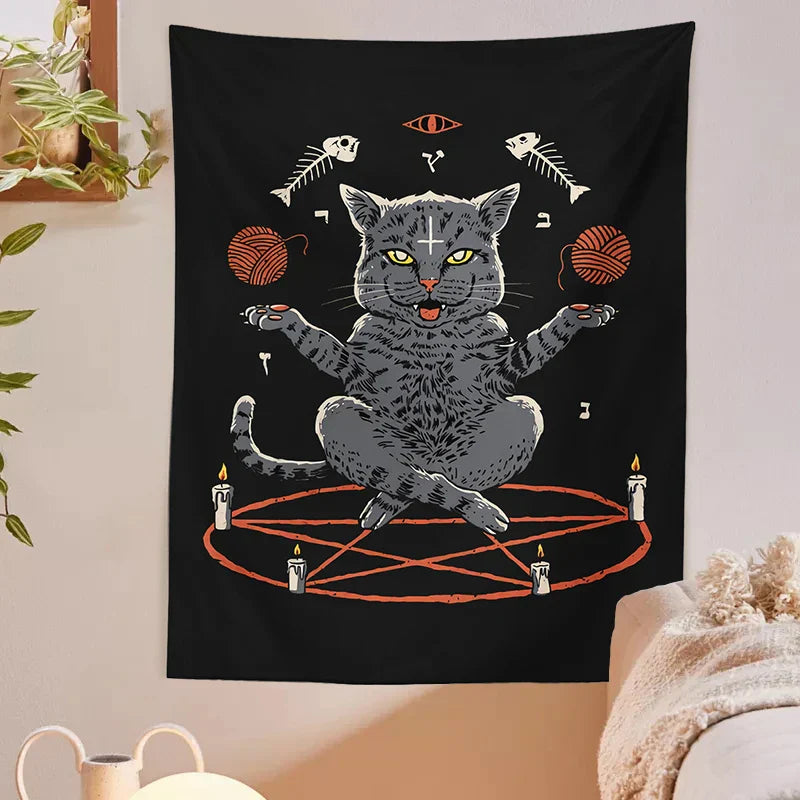 Decobites Cat Coven Tapestry Wall Hanging - Cool Black Witchcraft Decor for Living Room and Bedroom