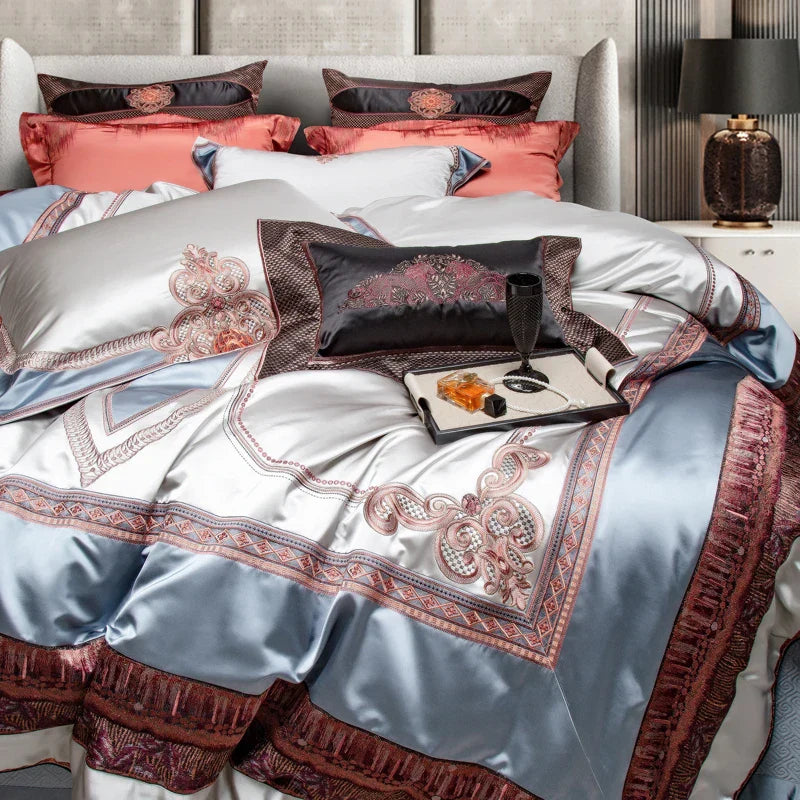 Decobites Palace Style Brocade Embroidery Bedding Set with Silky Duvet & Sheet