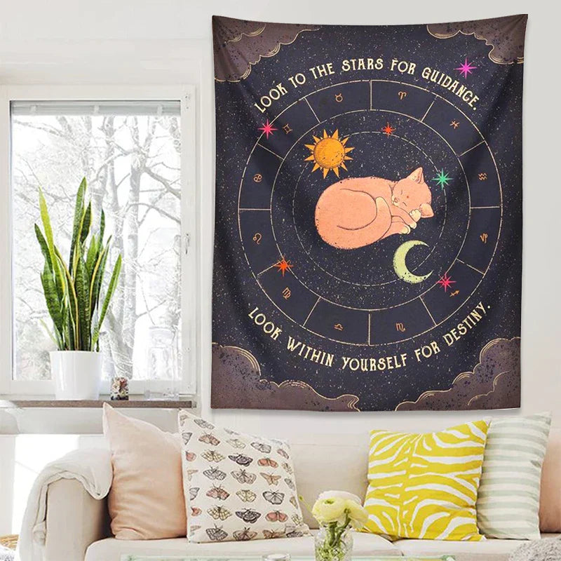 Decobites Tarot Cat Zodiac Astrology Sun Moon Wall Hanging Tapestry for Home Decor