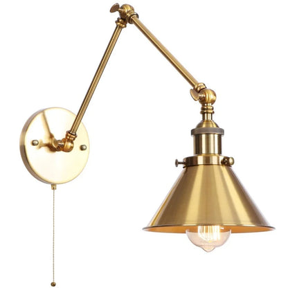DecorBites™ Gold Long Arm LED Wall Sconce with Pull Chain Switch, Adjustable Industrial Bedside Lamp