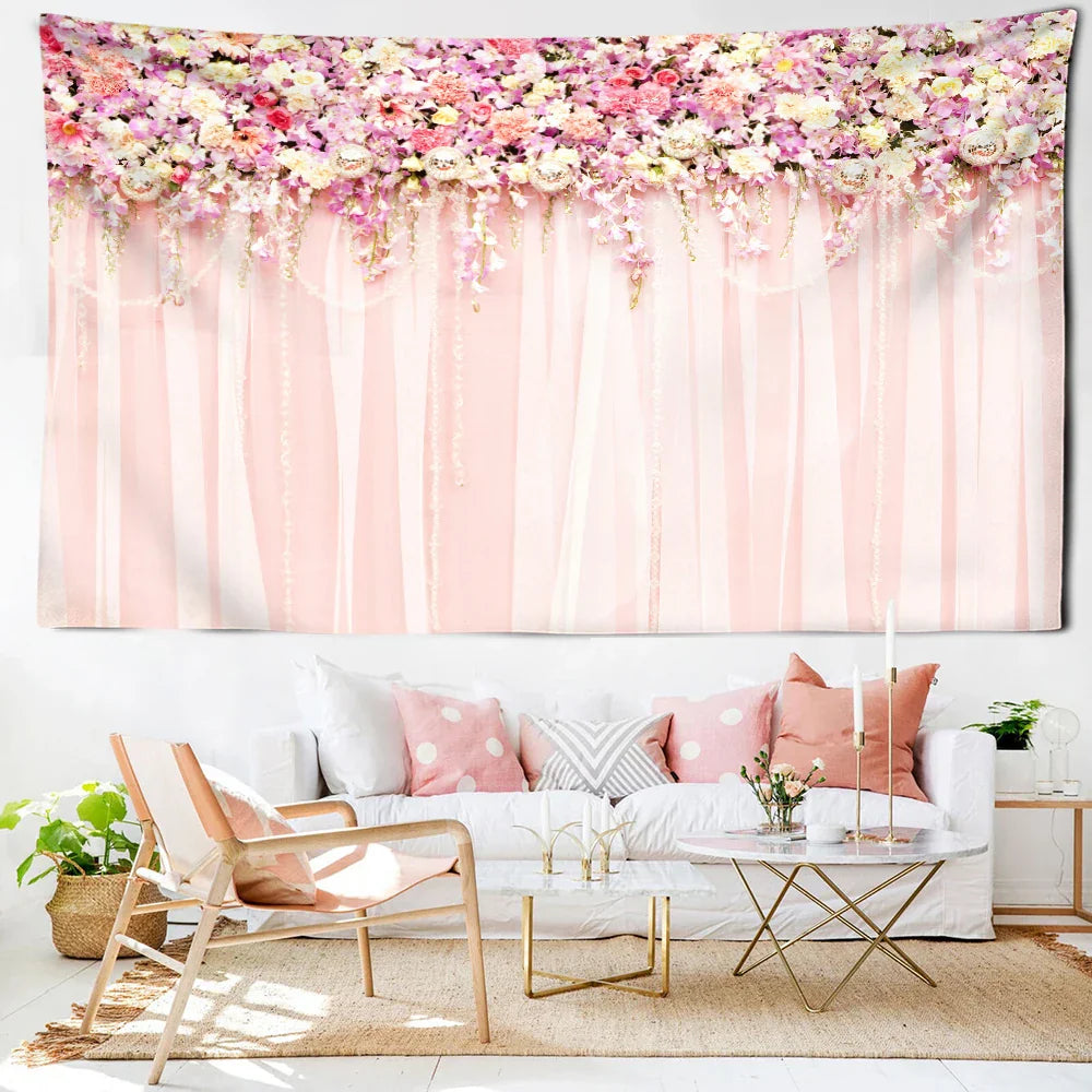 Decobites Pink Flower Wall Hanging Tapestry - Modern Minimalist Bohemian Home Decor