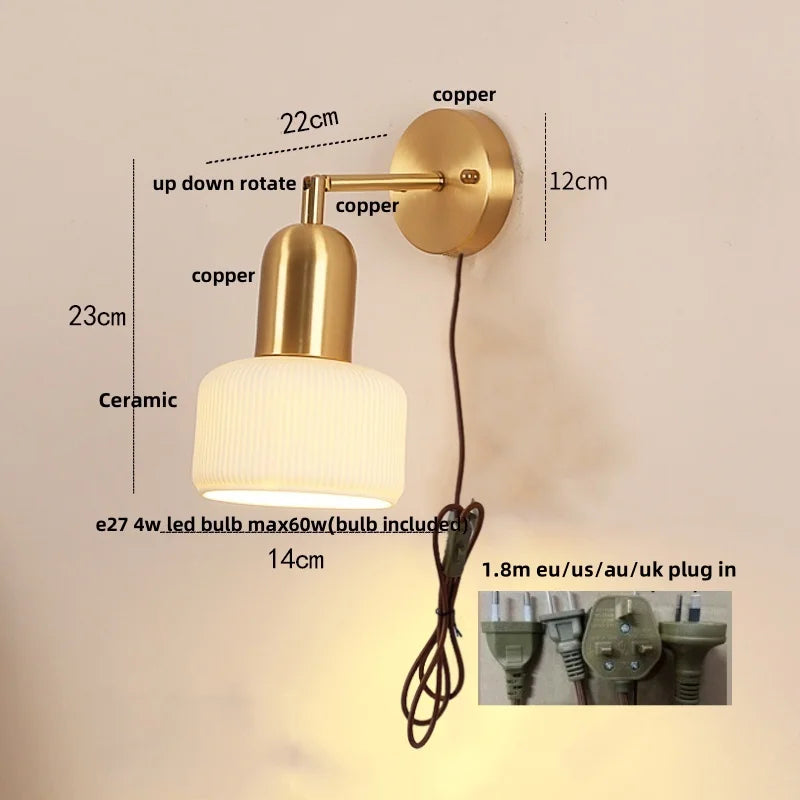 DecorBites™ Ceramic LED Wall Sconce with Walnut Wood Pull Chain Switch - Nordic Style