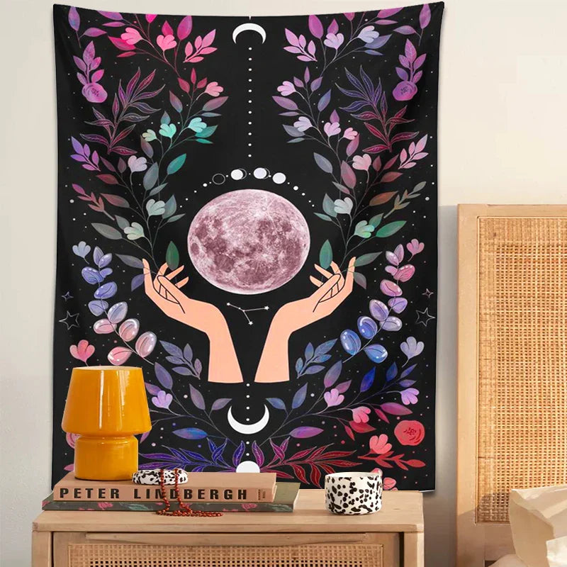 Tapiz Luna Botánica DecorBites™: Arte de pared bohemio psicodélico para altar de cristal mágico y chakras