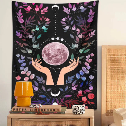Tapiz Luna Botánica DecorBites™: Arte de pared bohemio psicodélico para altar de cristal mágico y chakras