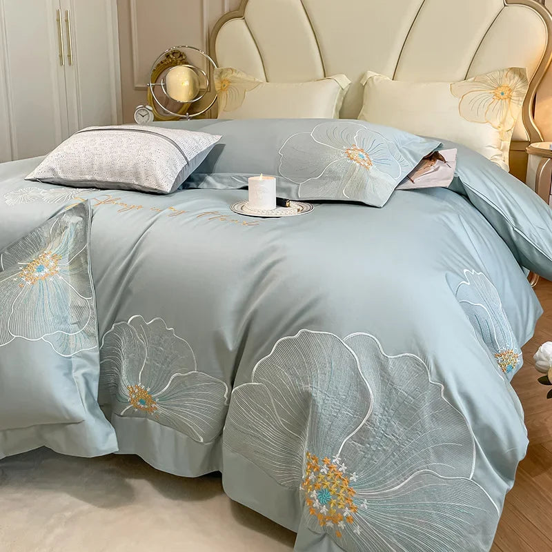 DecorBites™ Embroidered Egyptian Cotton Bedding Set for King Queen RU Bed Linens