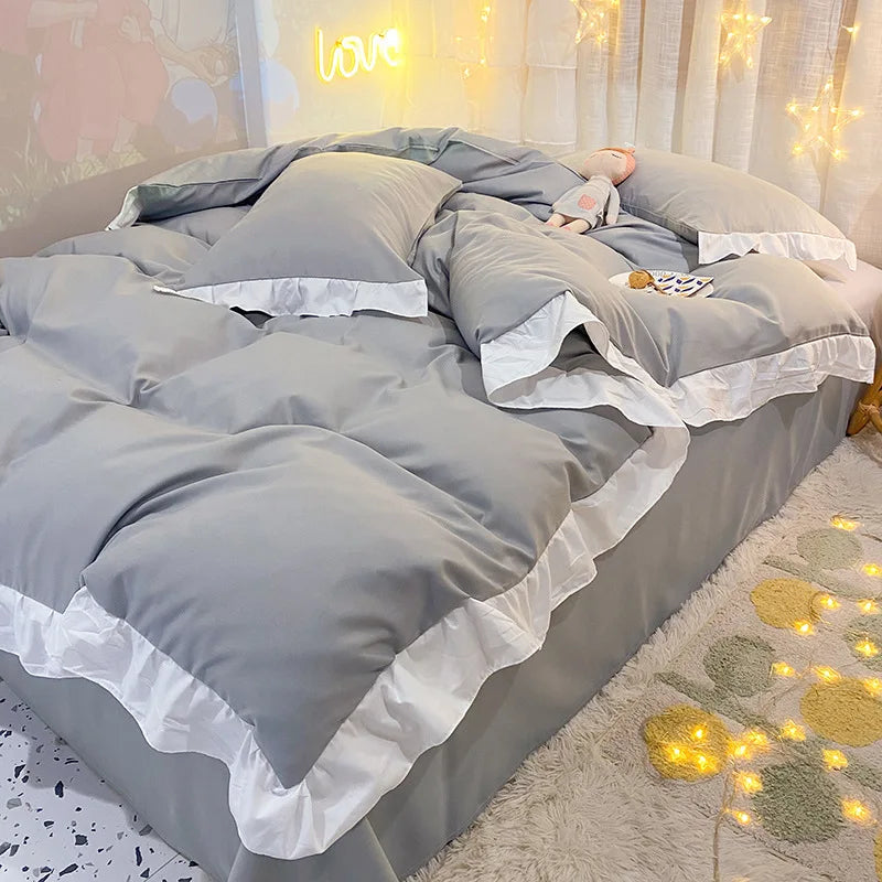 DecorBites™ Cotton Ruffle Edge Duvet Cover Set - Soft, Thick, Solid Color