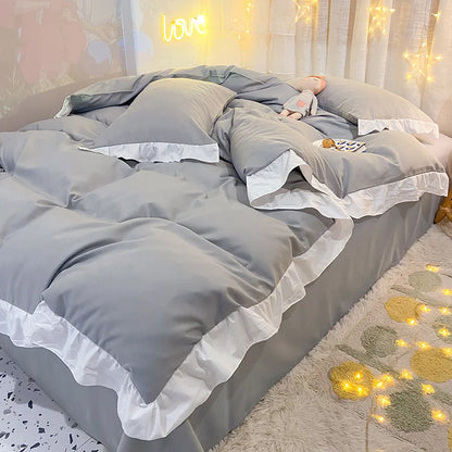 DecorBites™ Cotton Ruffle Edge Duvet Cover Set - Soft, Thick, Solid Color